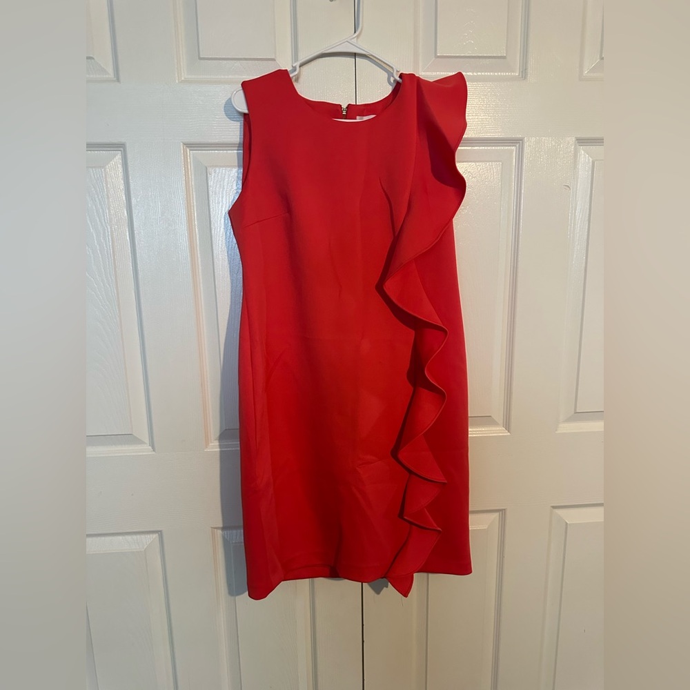 Calvin Klein Red Asymmetrical Ruffle Dress